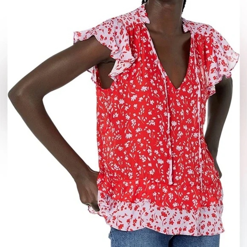 Parker Red and Purple Silk Cap Sleeve Blouse